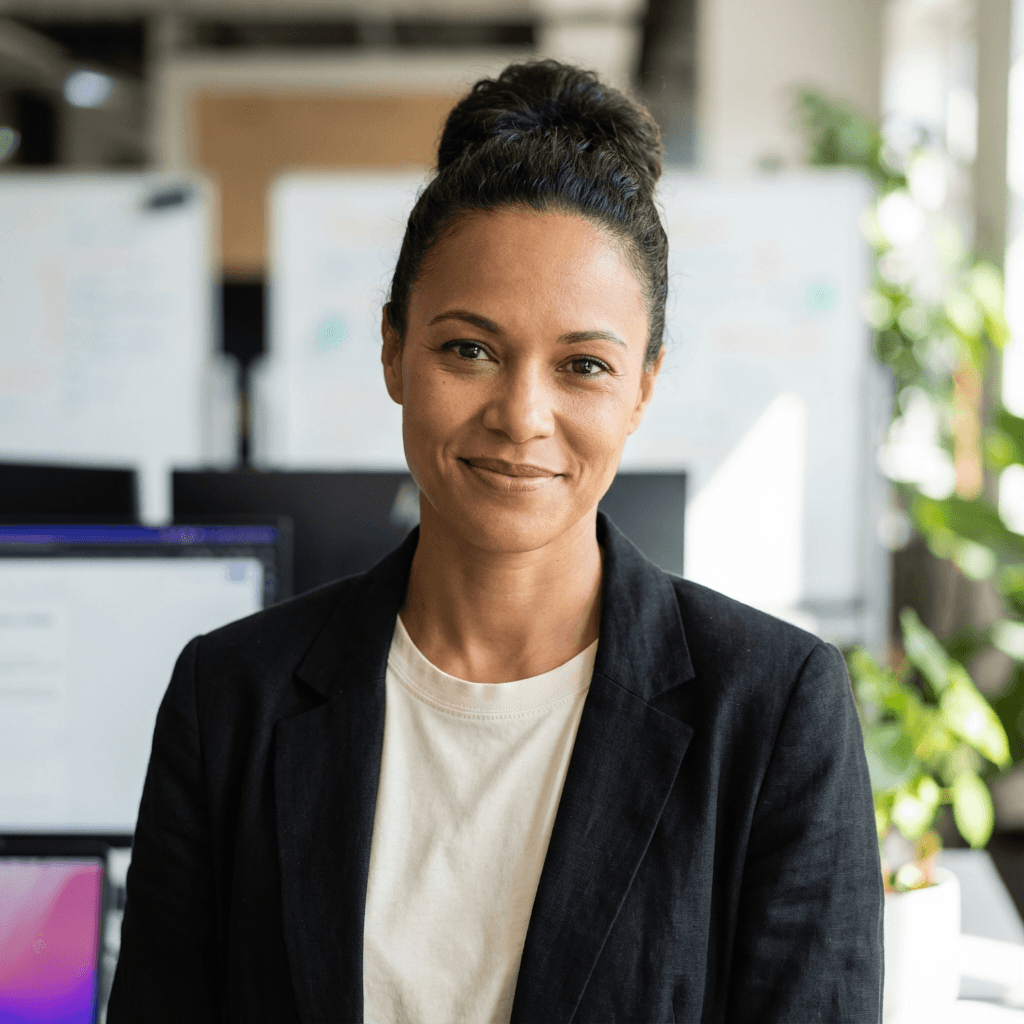 Female healthcare executive smiling in professional attire