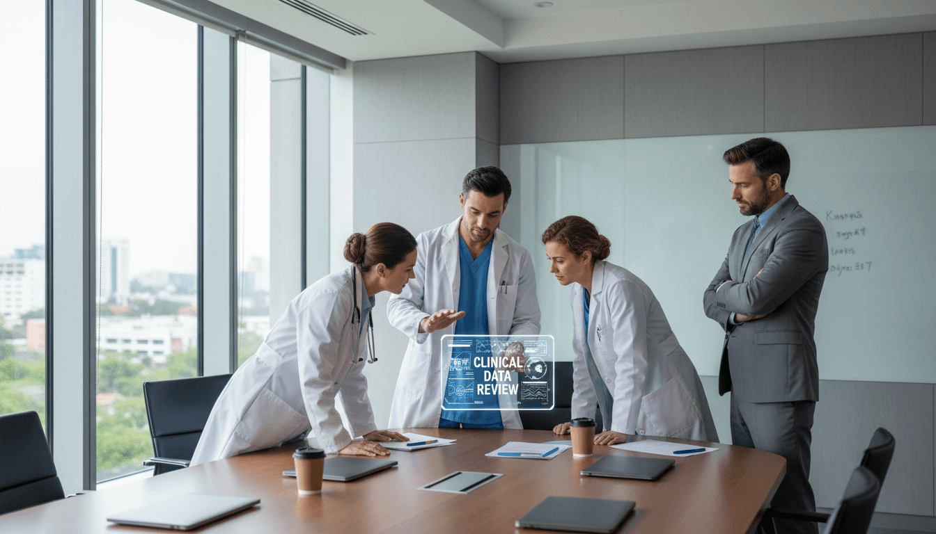 Healthcare team in a modern hospital reviewing clinical documents on a tablet