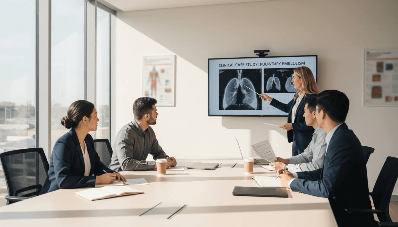Healthcare professionals reviewing clinical training materials in a modern hospital conference room