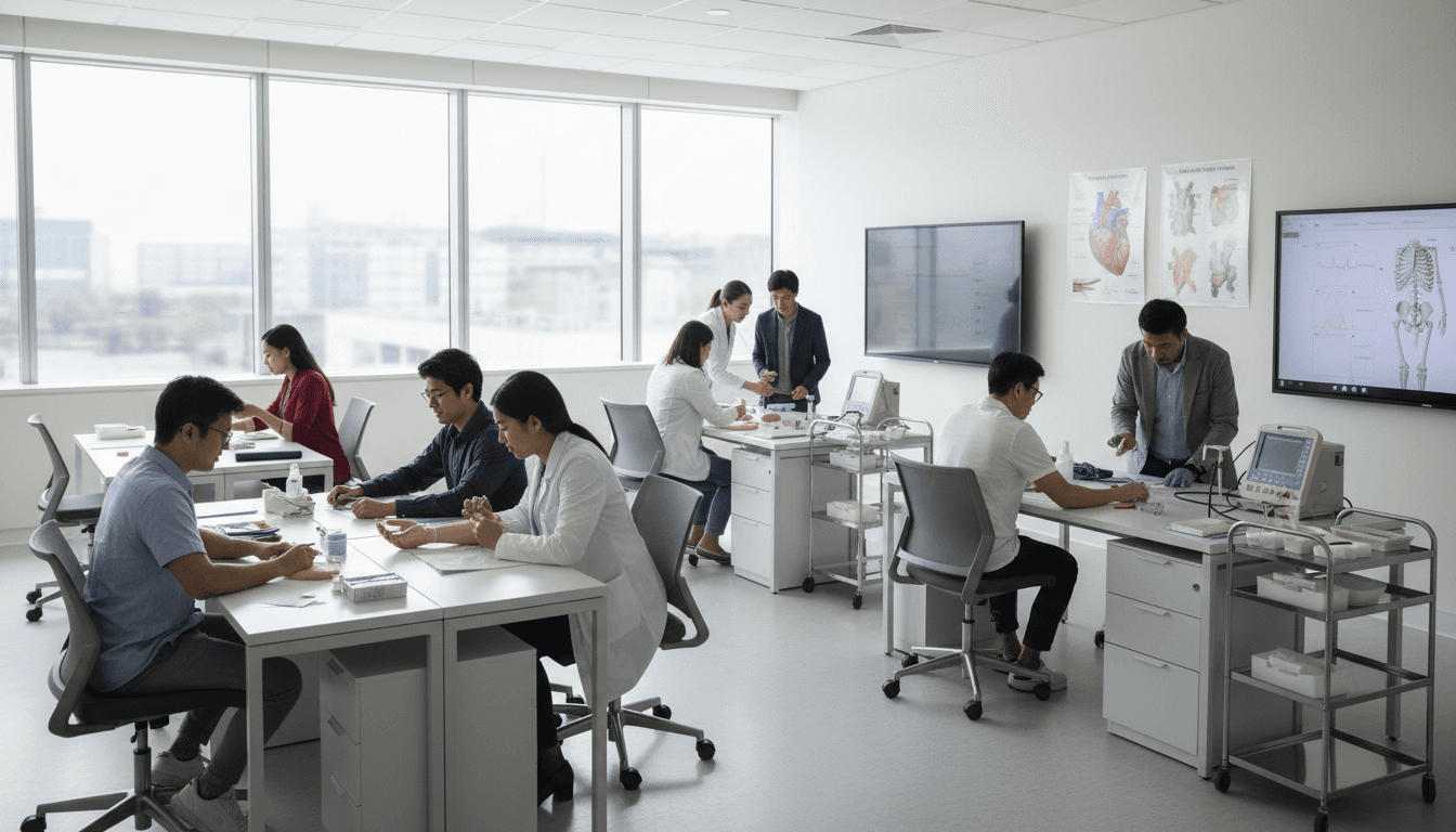 Healthcare professionals in a training session inside a modern hospital classroom